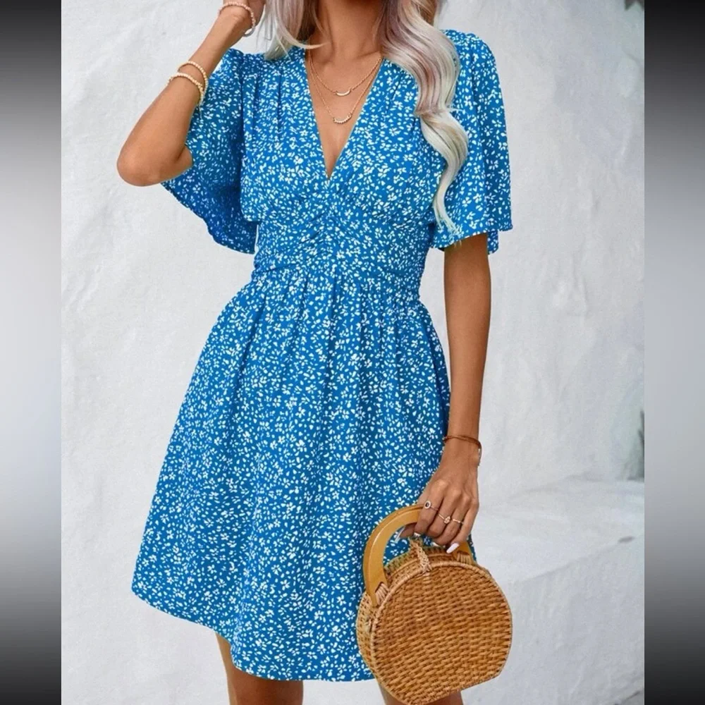 Boho floral print butterfly sleeve mini dress - Picture 5 of 7